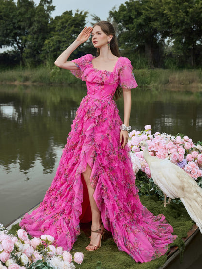 Elegant Ruffle Trim Puff Sleeves Floral Organza Prom Dress