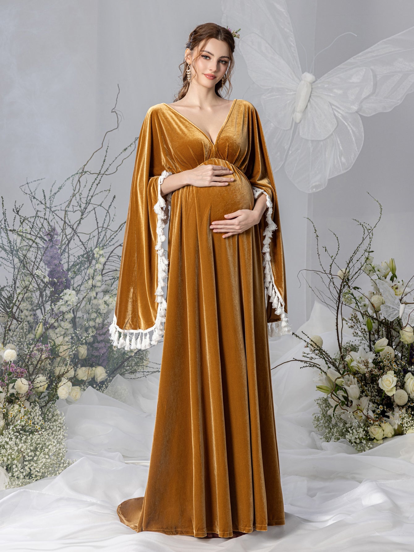 Maternity V-Neck Velvet Cape A-Line Evening Gown — authorized product image 5