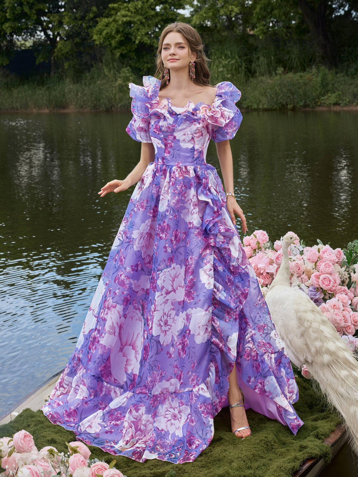 Elegant Ruffle Trim Off Shoulder Floral Organza Prom Dress