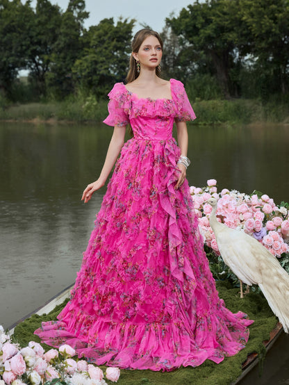 Elegant Ruffle Trim Puff Sleeves Floral Organza Prom Dress