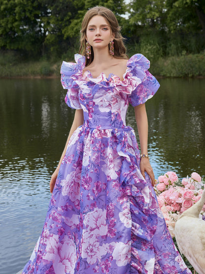 Elegant Ruffle Trim Off Shoulder Floral Organza Prom Dress