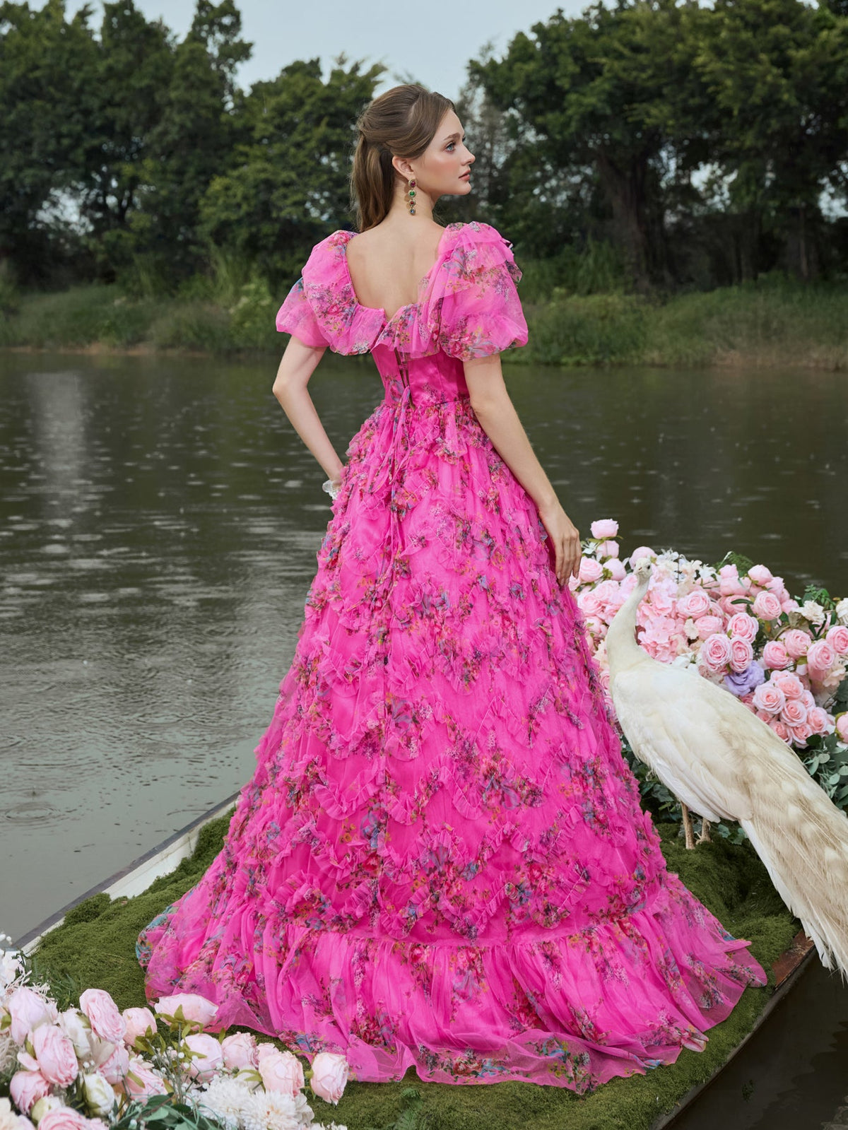 Elegant Ruffle Trim Puff Sleeves Floral Organza Prom Dress