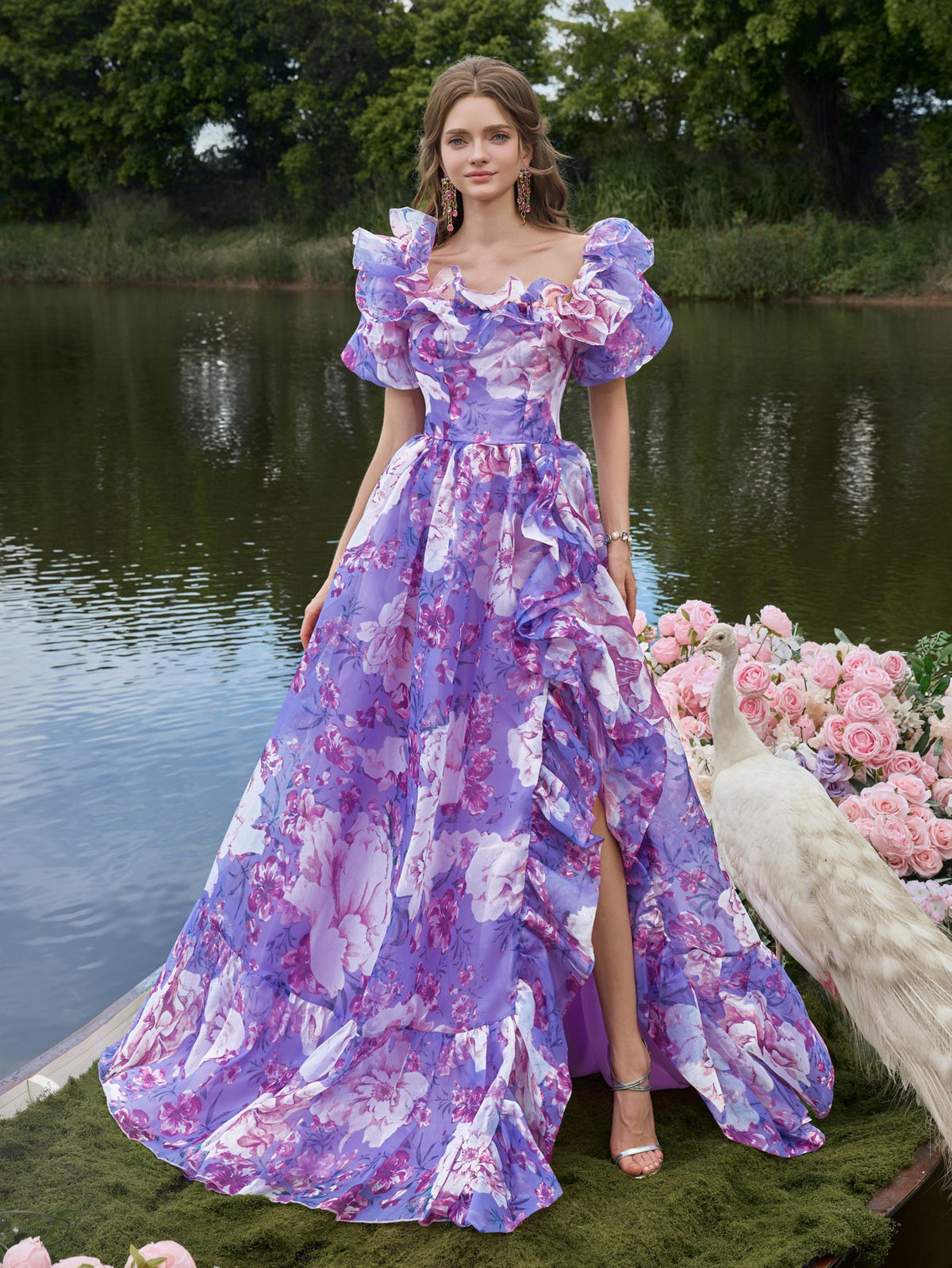 Elegant Ruffle Trim Off Shoulder Floral Organza Prom Dress