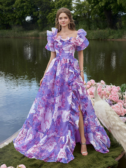 Elegant Ruffle Trim Off Shoulder Floral Organza Prom Dress