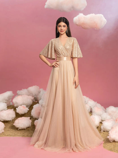 Teen Girls' V-Neck Sequin Short-Sleeve A-Line Formal Gown — authorized product image 4
