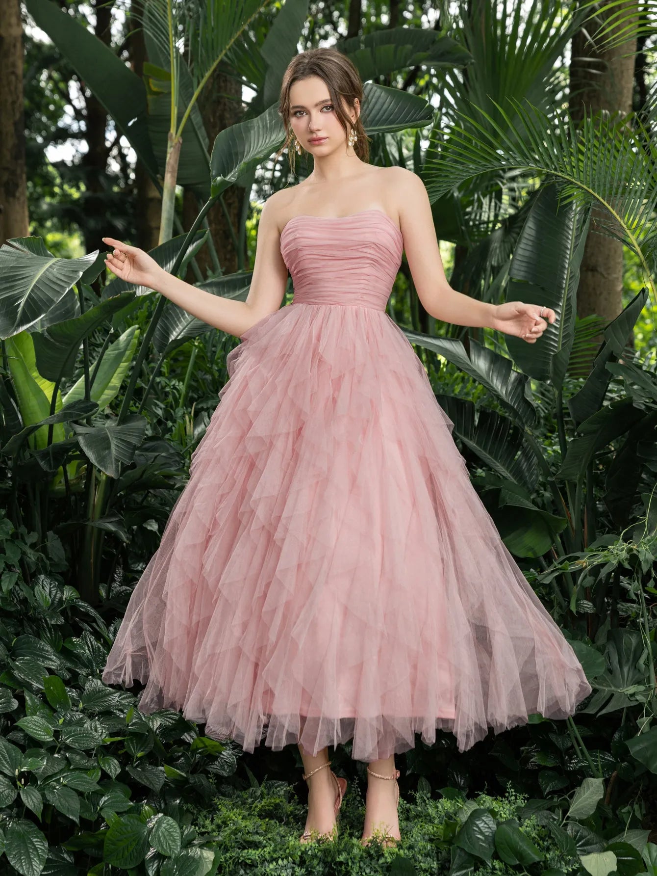 Additional product view of Strapless Tulle A-Line Sleeveless Midi Formal Dress