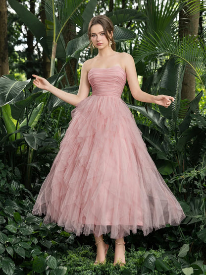 Additional product view of Strapless Tulle A-Line Sleeveless Midi Formal Dress