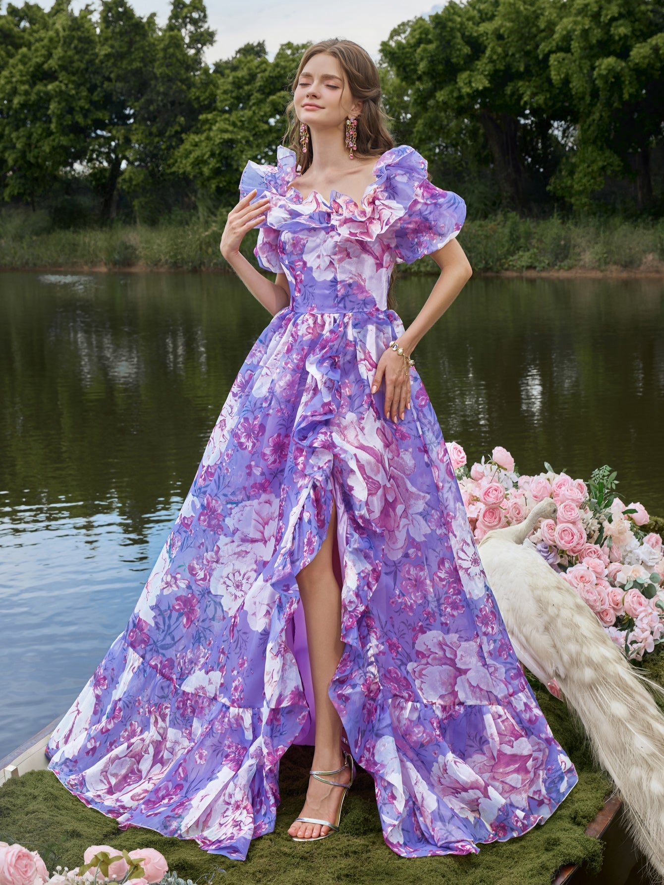 Elegant Ruffle Trim Off Shoulder Floral Organza Prom Dress