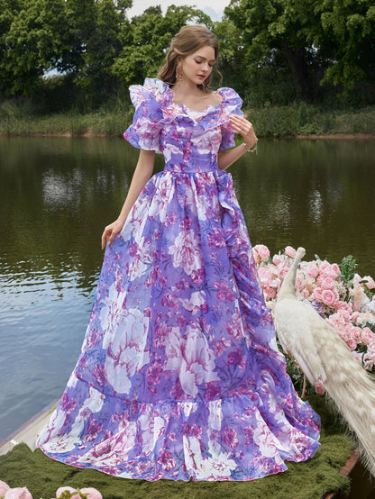 Elegant Ruffle Trim Off Shoulder Floral Organza Prom Dress