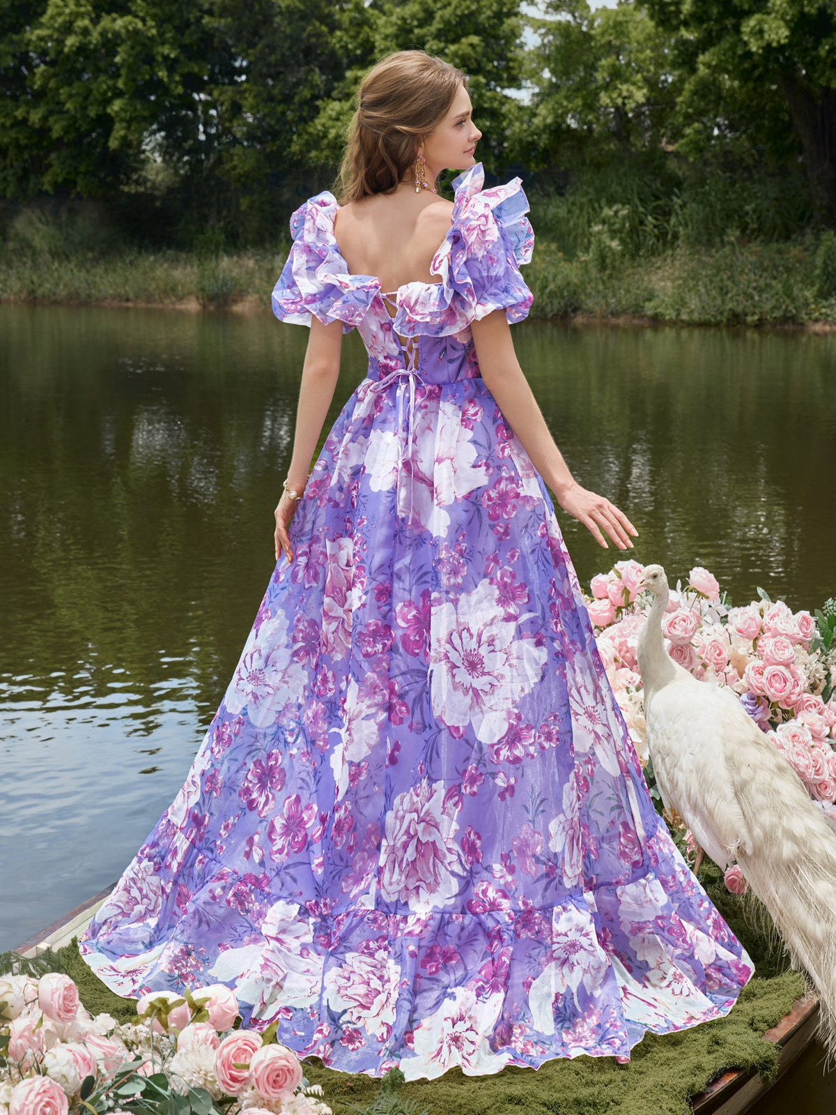 Elegant Ruffle Trim Off Shoulder Floral Organza Prom Dress