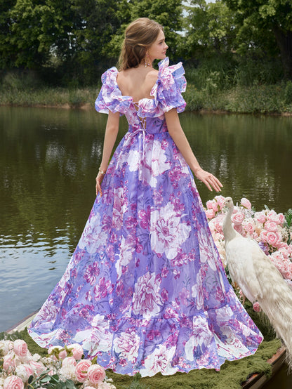 Elegant Ruffle Trim Off Shoulder Floral Organza Prom Dress
