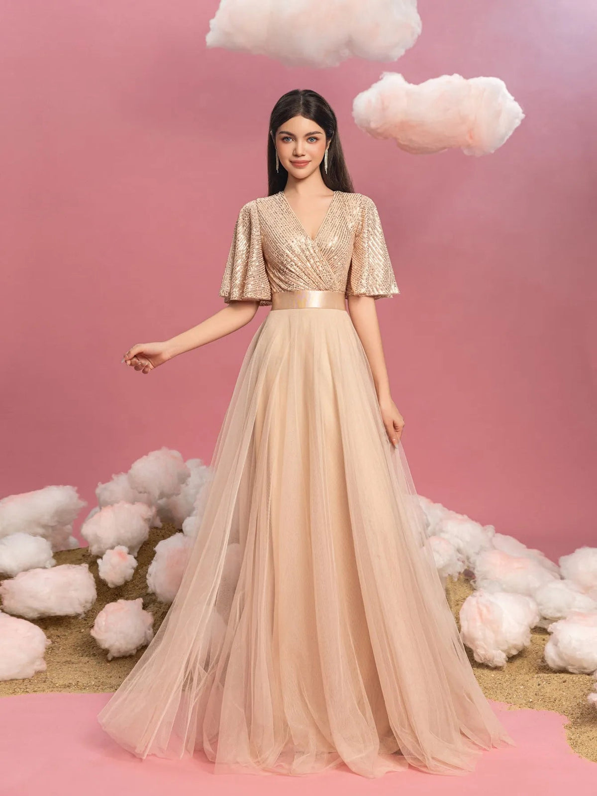Teen Girls' V-Neck Sequin Short-Sleeve A-Line Formal Gown — authorized product image 5