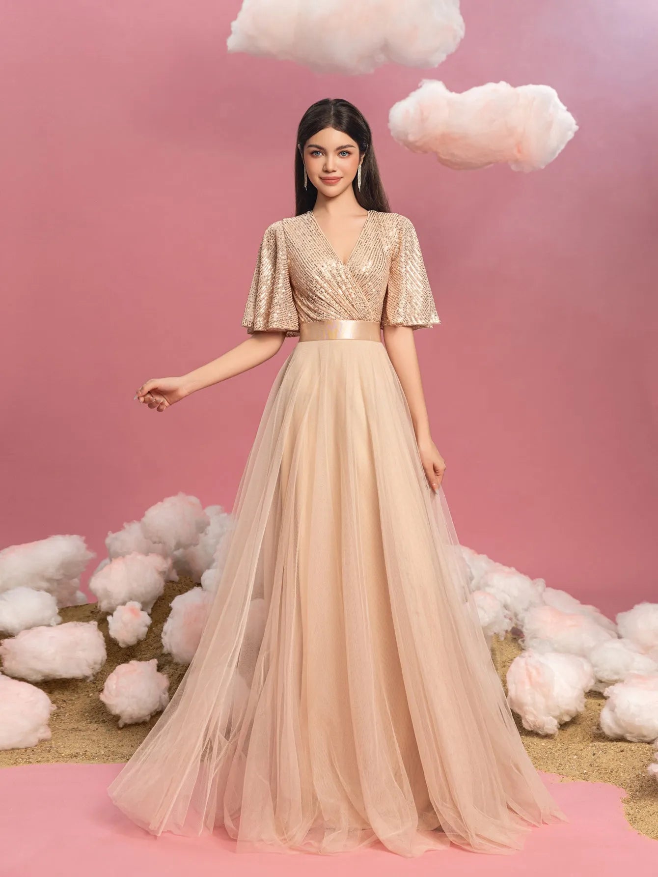 Teen Girls' V-Neck Sequin Short-Sleeve A-Line Formal Gown — authorized product image 5