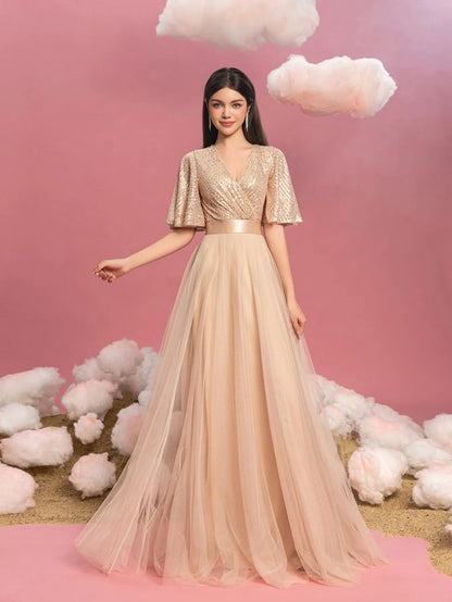 Teen Girls' V-Neck Sequin Short-Sleeve A-Line Formal Gown — authorized product image 5