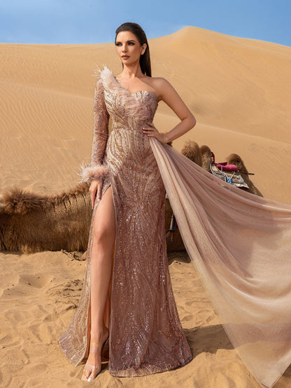 Champagne one-shoulder beaded mermaid evening gown with flowing train