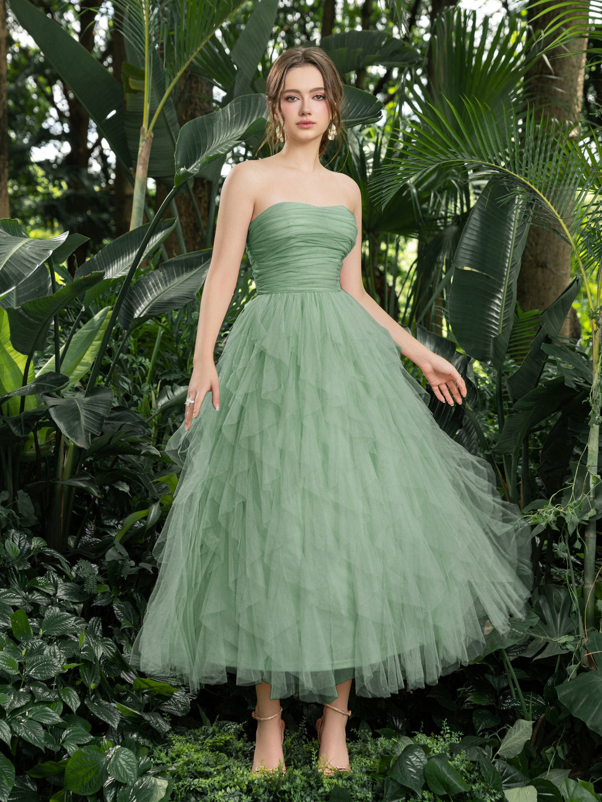 Additional product view of Strapless Tulle A-Line Sleeveless Midi Formal Dress