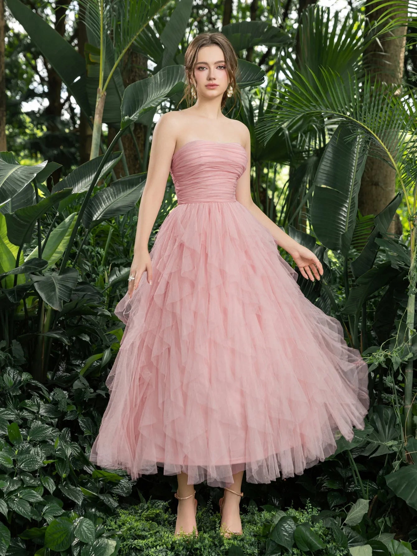 Additional product view of Strapless Tulle A-Line Sleeveless Midi Formal Dress
