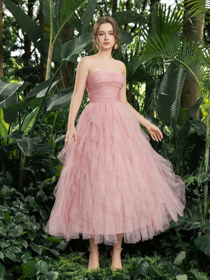 Additional product view of Strapless Tulle A-Line Sleeveless Midi Formal Dress