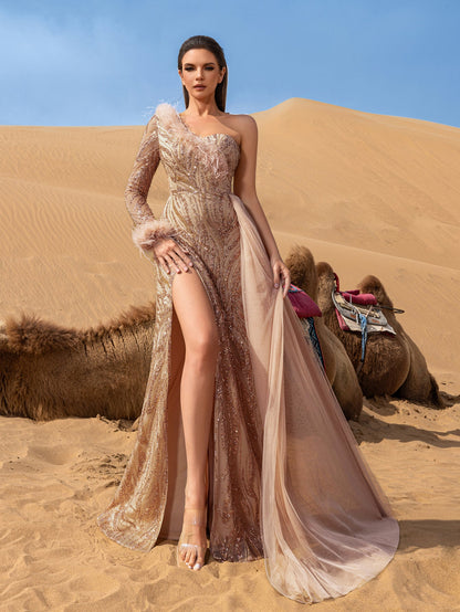 Champagne one-shoulder beaded mermaid evening gown, full-length front view