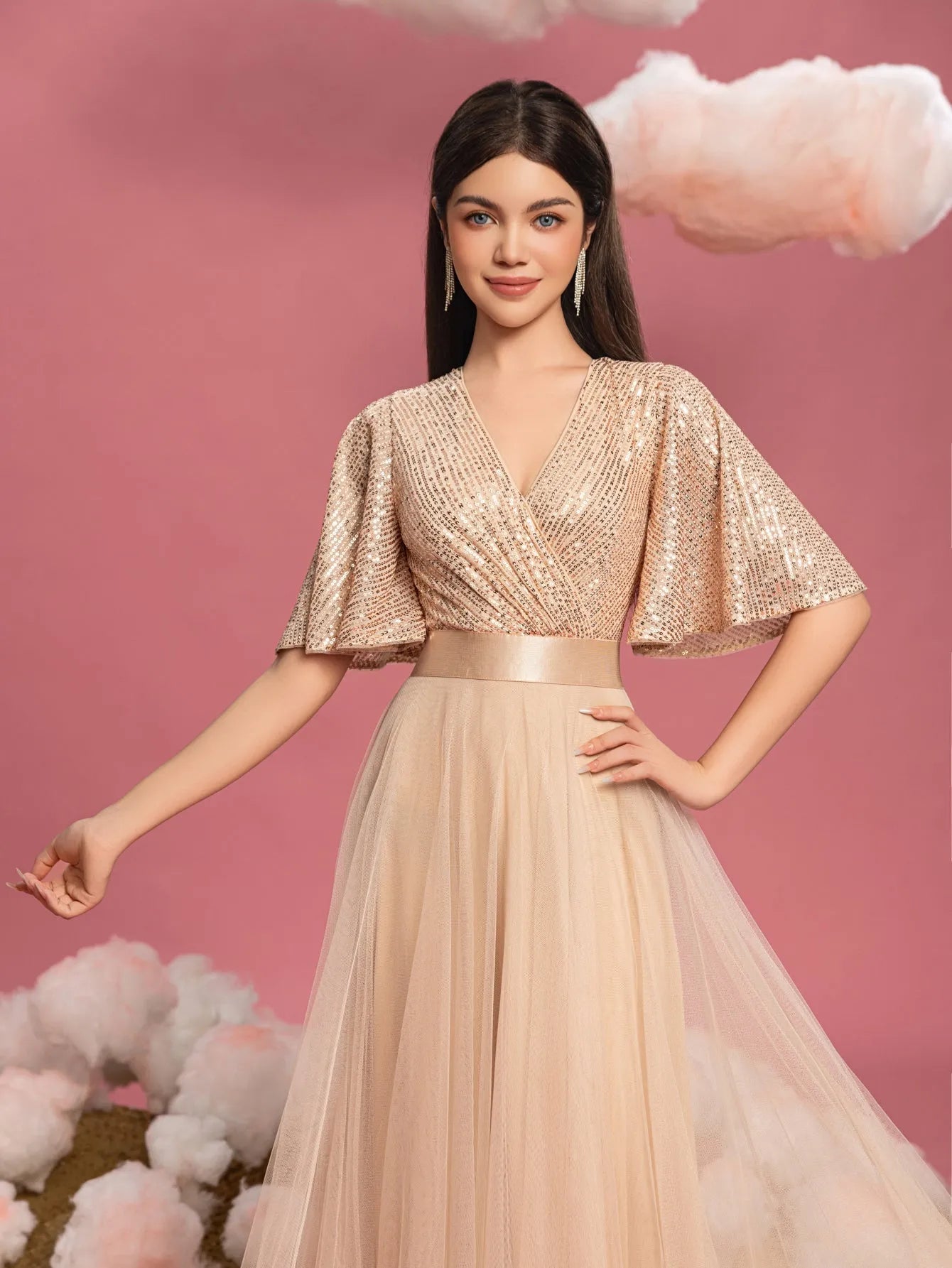 Teen Girls' V-Neck Sequin Short-Sleeve A-Line Formal Gown — authorized product image 6
