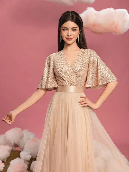 Teen Girls' V-Neck Sequin Short-Sleeve A-Line Formal Gown — authorized product image 6