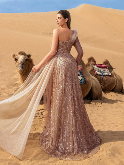 Champagne one-shoulder beaded mermaid evening gown, back view