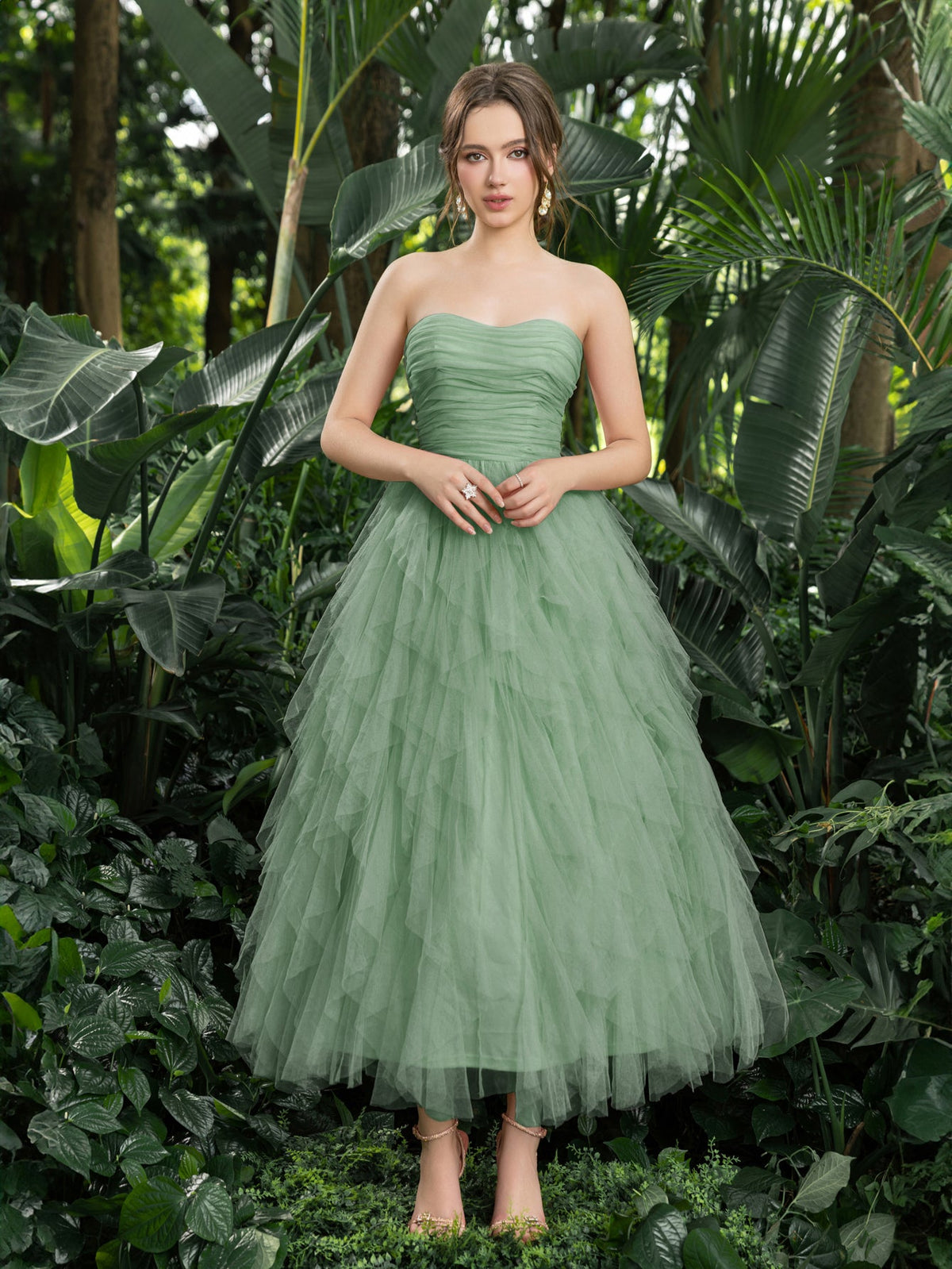 Additional product view of Strapless Tulle A-Line Sleeveless Midi Formal Dress