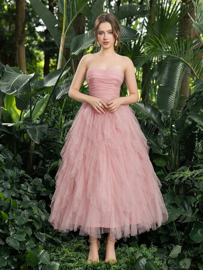 Additional product view of Strapless Tulle A-Line Sleeveless Midi Formal Dress