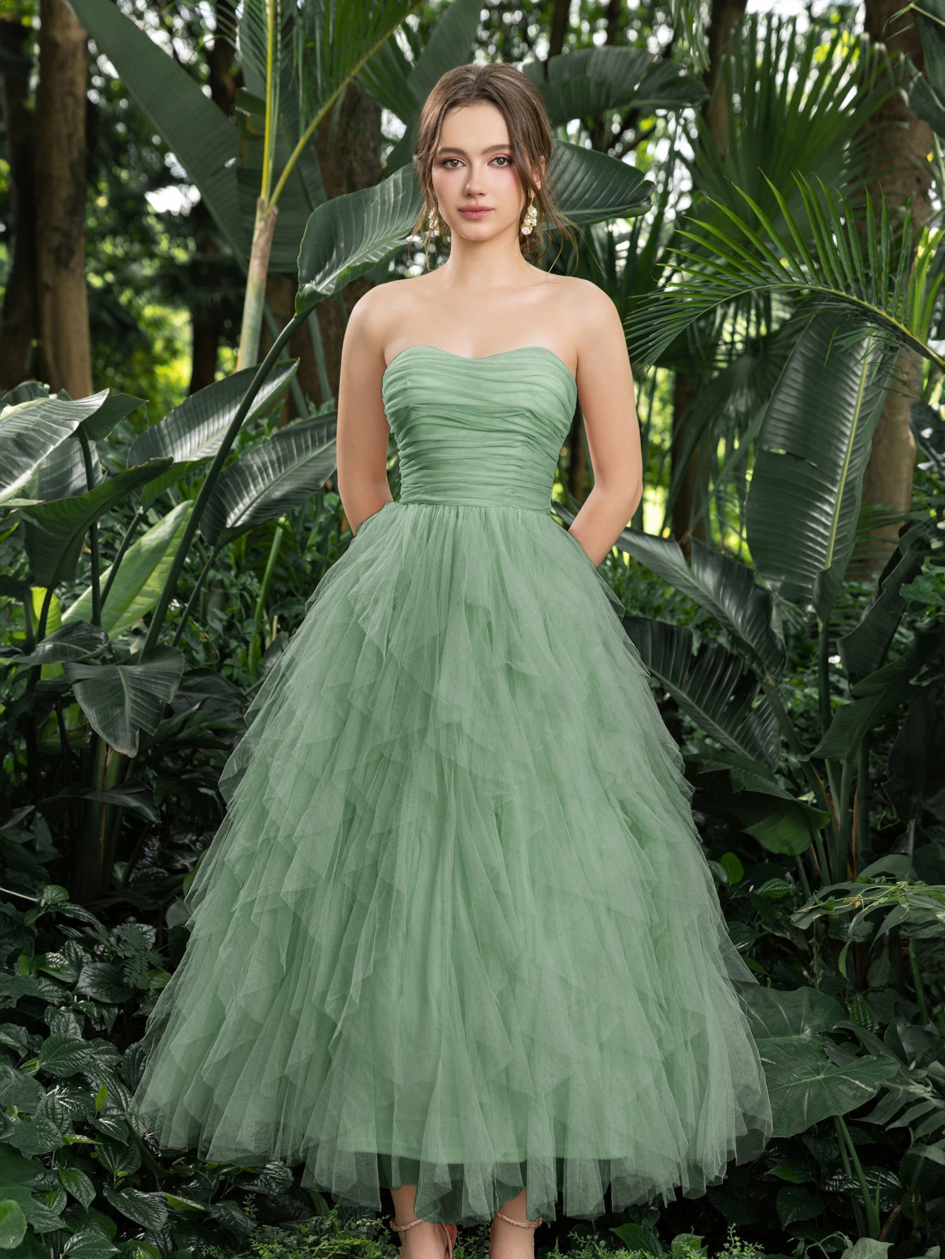Additional product view of Strapless Tulle A-Line Sleeveless Midi Formal Dress