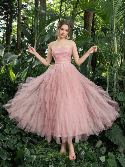 Strapless Tulle A-Line Sleeveless Midi Formal Dress in Pink
