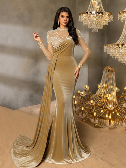 Elegant Pearl Embellished Sheer Bodice Mermaid Hem Velvet Evening Dress