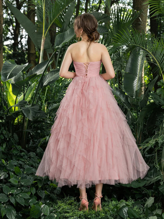 Additional product view of Strapless Tulle A-Line Sleeveless Midi Formal Dress