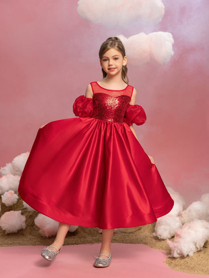 Additional product view of Puff-Sleeve Sequin A-Line Satin Midi Tween Girls' Party Dress