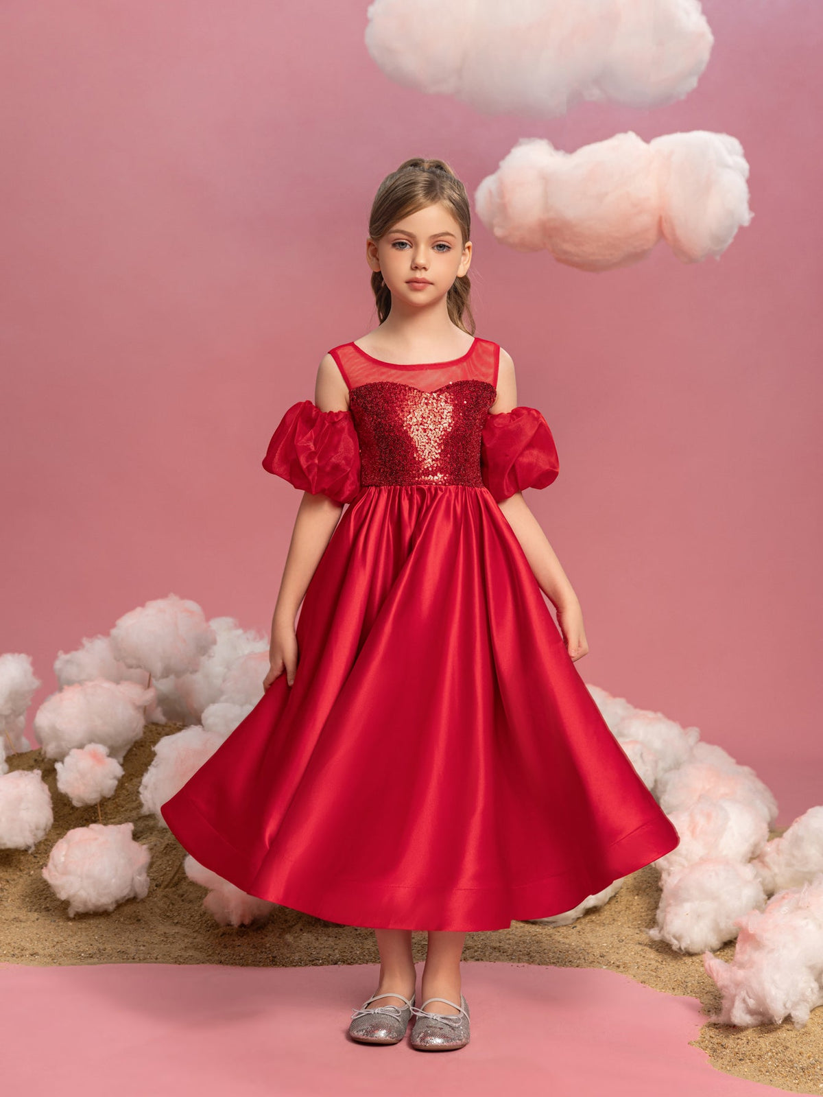 Additional product view of Puff-Sleeve Sequin A-Line Satin Midi Tween Girls' Party Dress