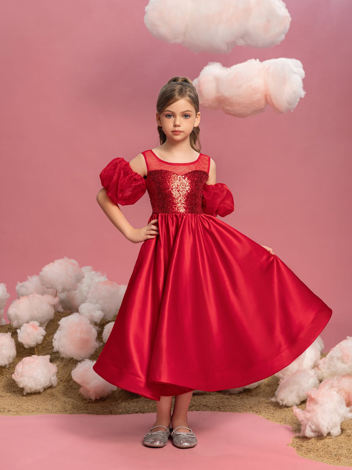 Additional product view of Puff-Sleeve Sequin A-Line Satin Midi Tween Girls' Party Dress