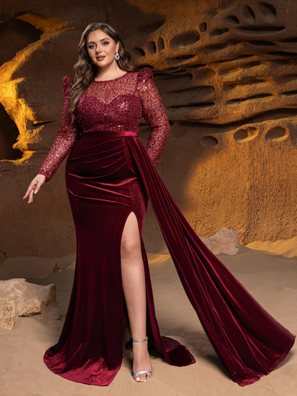 Plus Luxury Formal Gown with Sequin Bodice, Puffed Sleeves, Velvet High-Slit Skirt