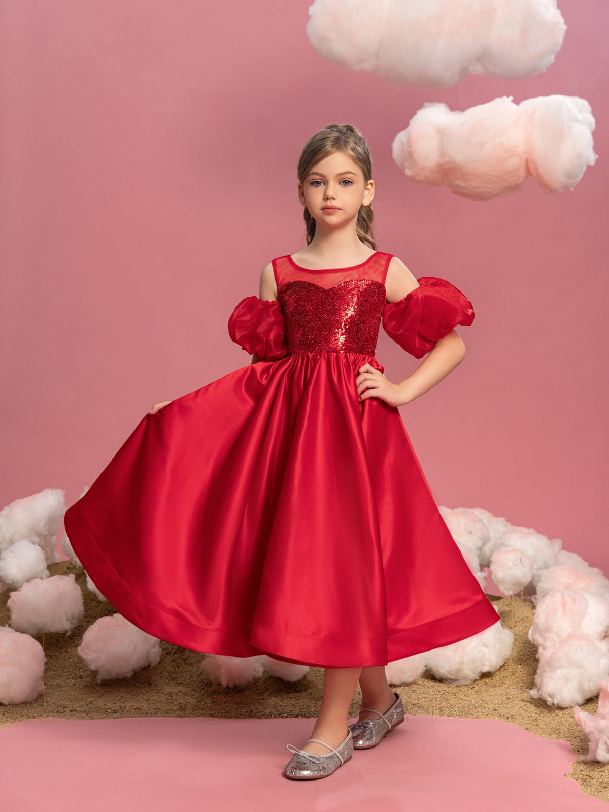 Additional product view of Puff-Sleeve Sequin A-Line Satin Midi Tween Girls' Party Dress