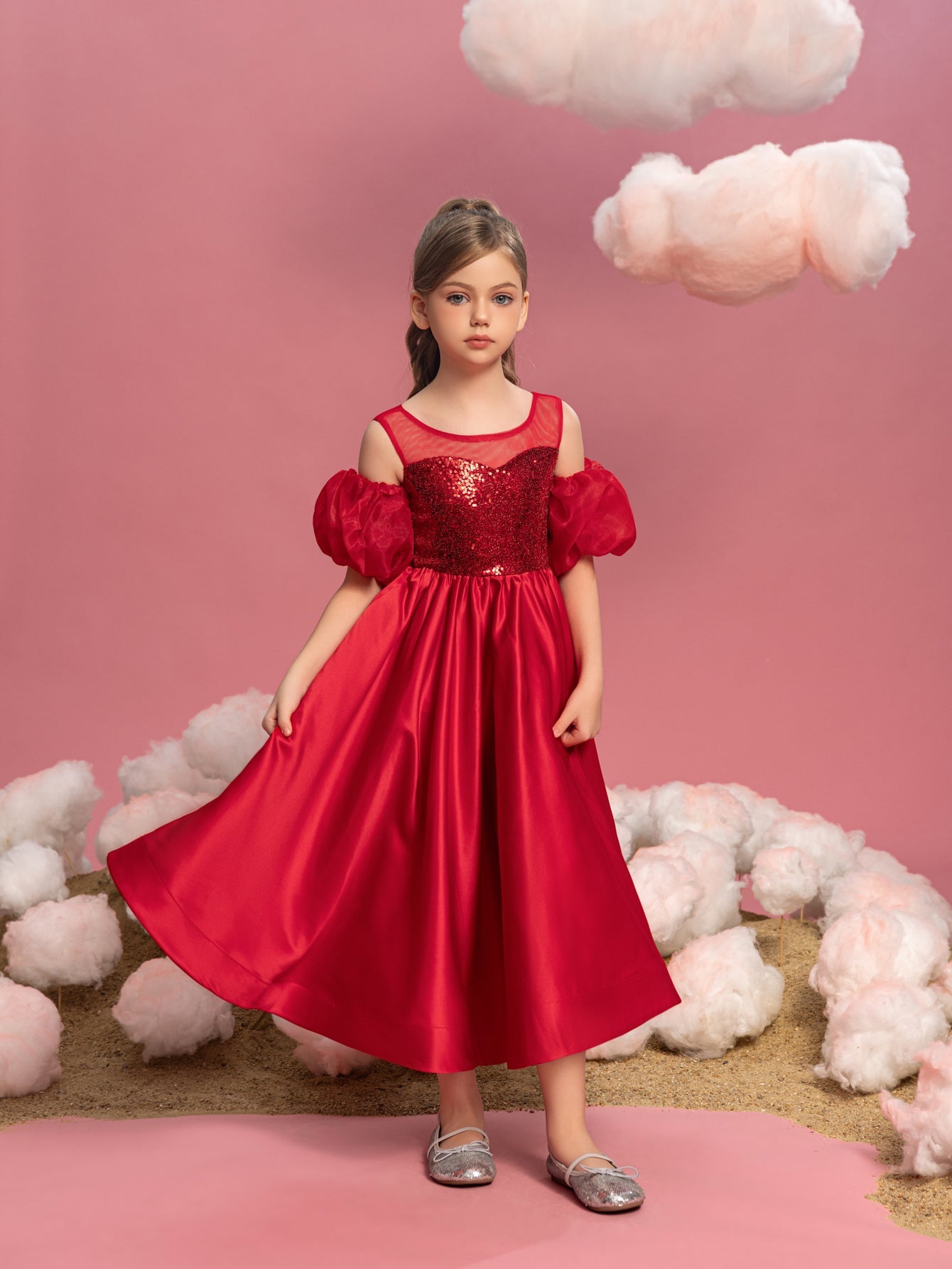 Additional product view of Puff-Sleeve Sequin A-Line Satin Midi Tween Girls' Party Dress