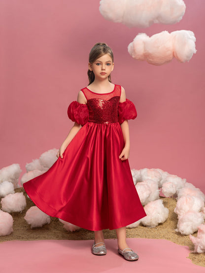 Additional product view of Puff-Sleeve Sequin A-Line Satin Midi Tween Girls' Party Dress