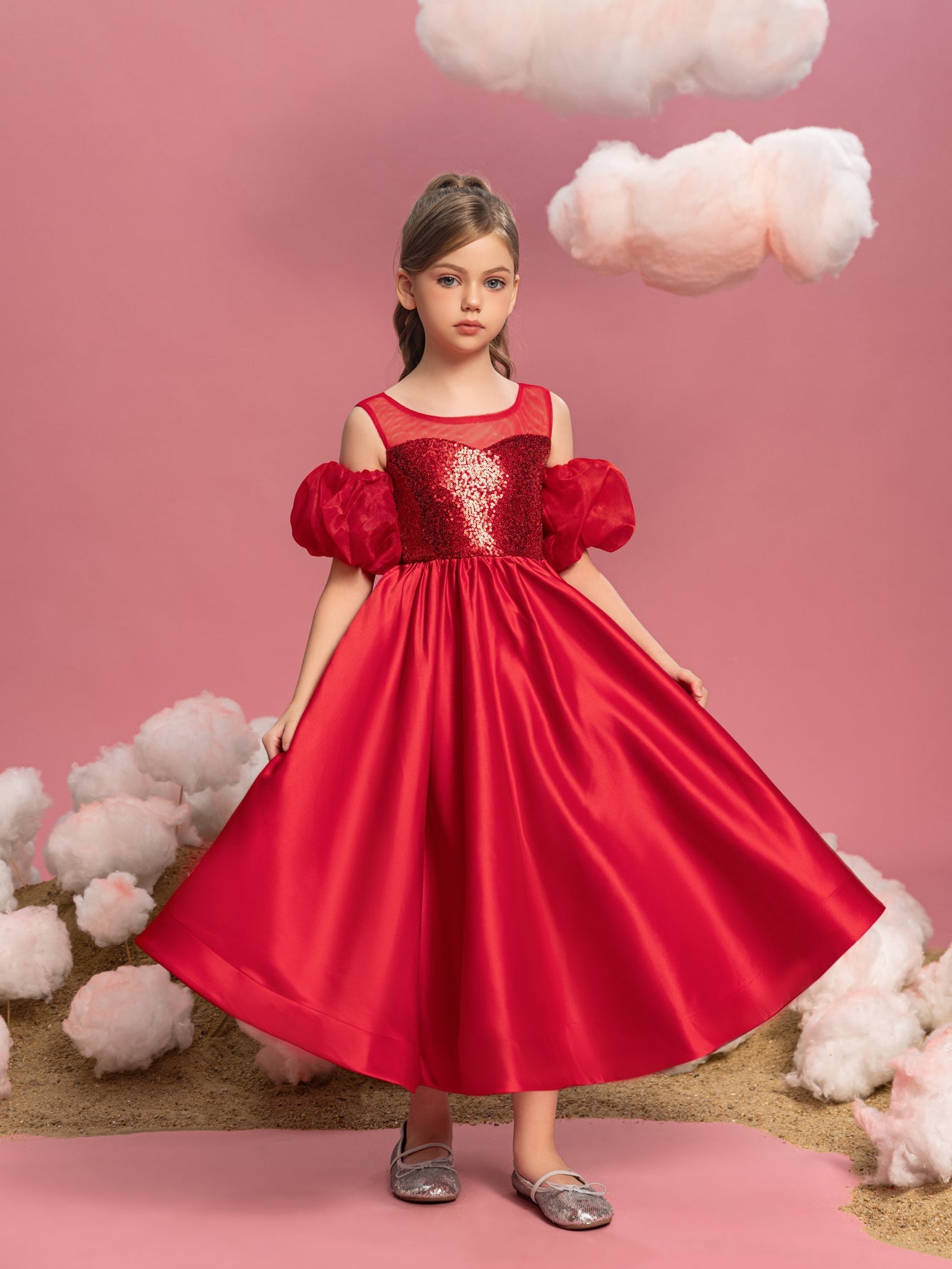 Alternate view of Puff-Sleeve Sequin A-Line Satin Midi Tween Girls' Party Dress in Burgundy