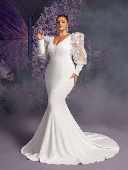Plus-Size V-Neck Appliqué Long-Sleeve Mermaid Wedding Gown — authorized product image 5