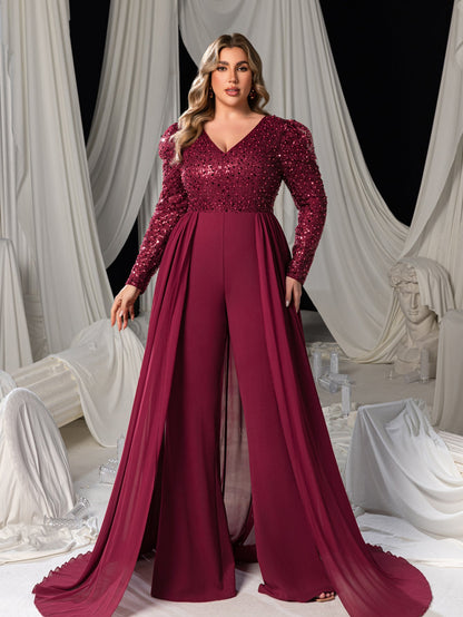 Burgundy sequin jumpsuit full length view