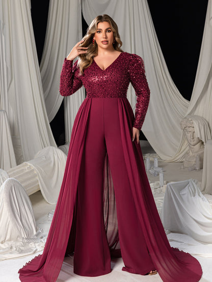 V-neck sequin bodice on burgundy jumpsuit