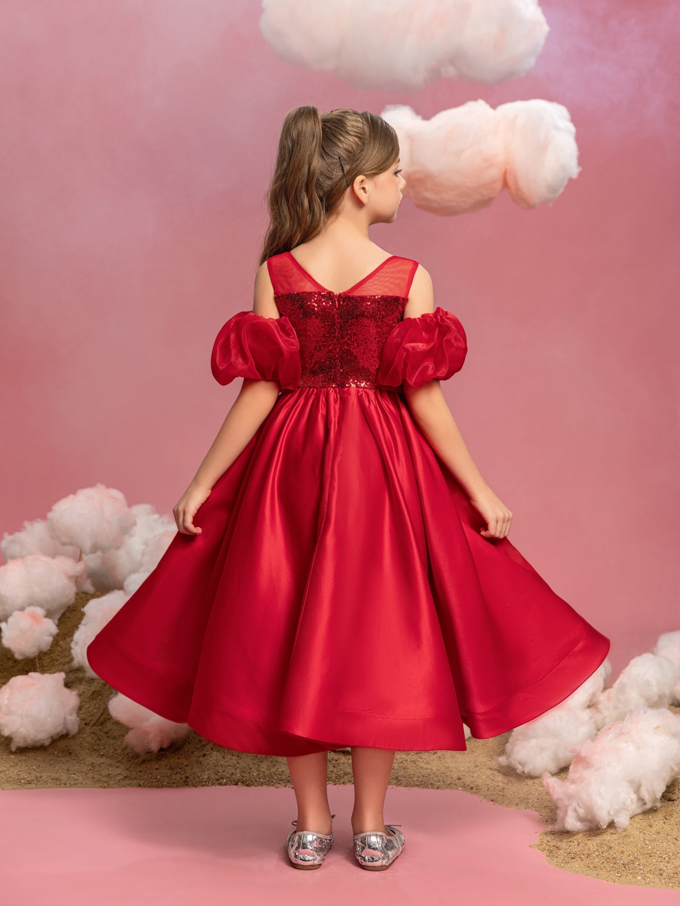 Additional product view of Puff-Sleeve Sequin A-Line Satin Midi Tween Girls' Party Dress