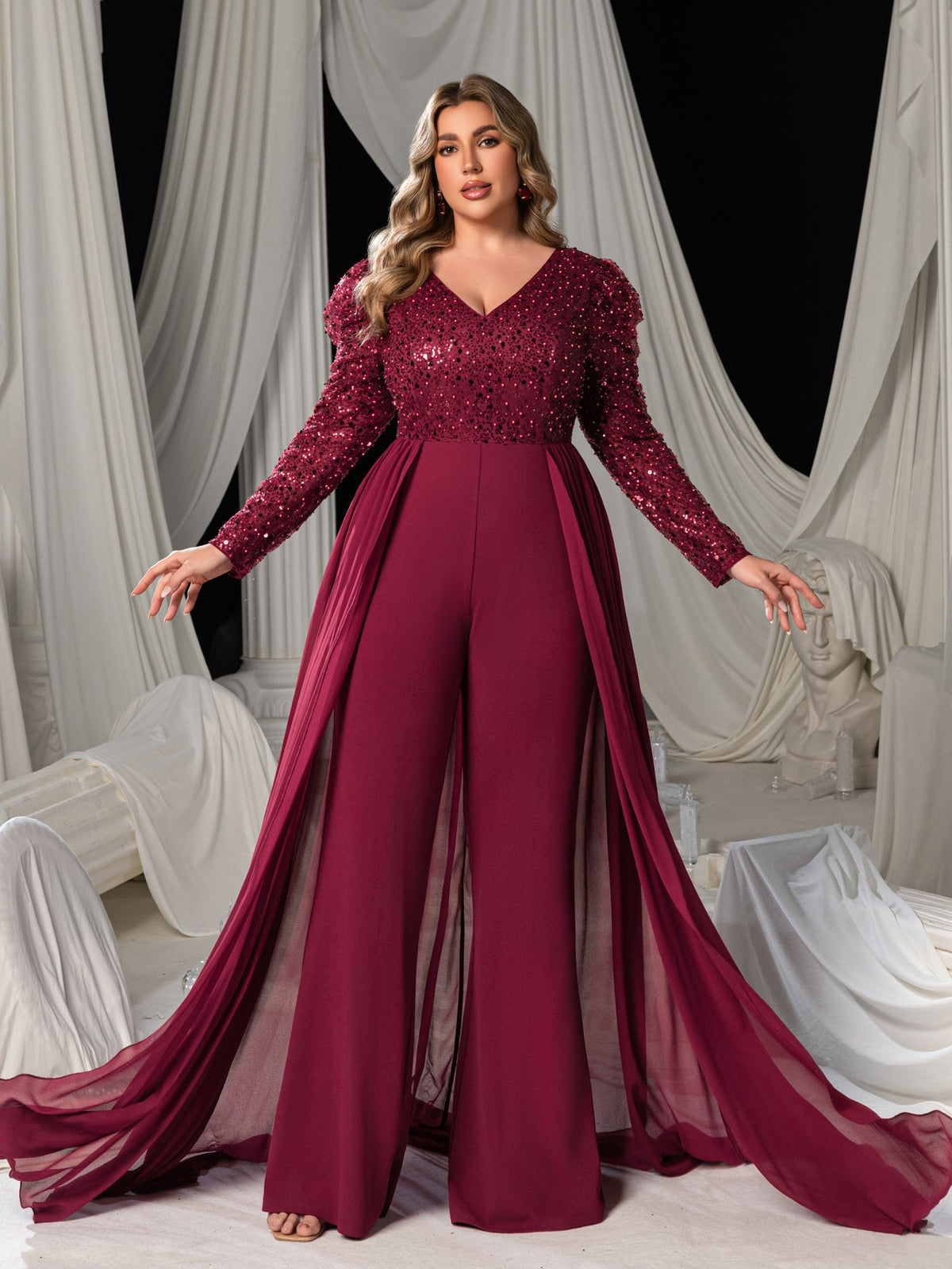 Plus-size burgundy sequin prom jumpsuit front view