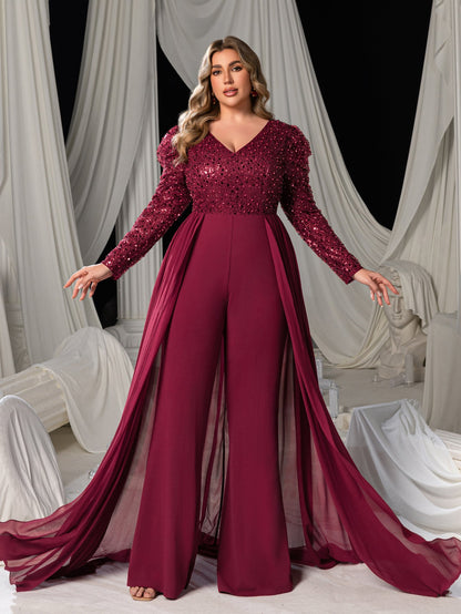 Plus-size burgundy sequin prom jumpsuit front view