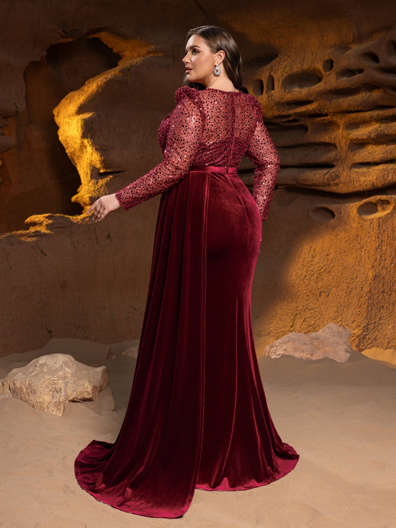 Plus Luxury Formal Gown with Sequin Bodice, Puffed Sleeves, Velvet High-Slit Skirt