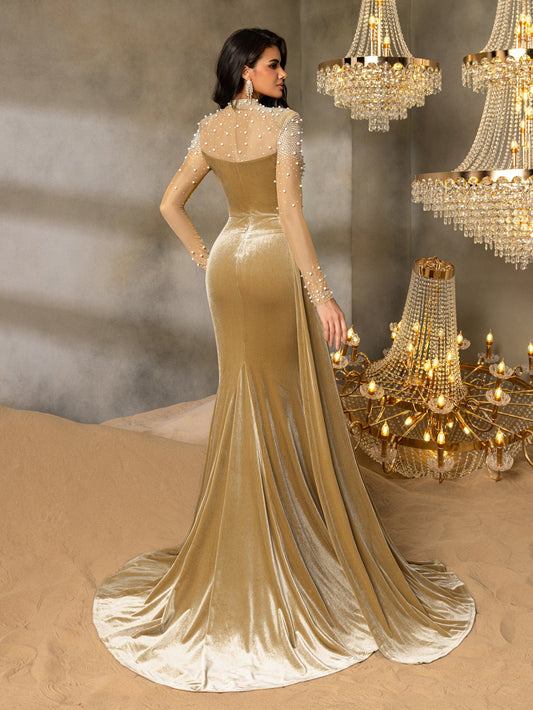 Elegant Pearl Embellished Sheer Bodice Mermaid Hem Velvet Evening Dress