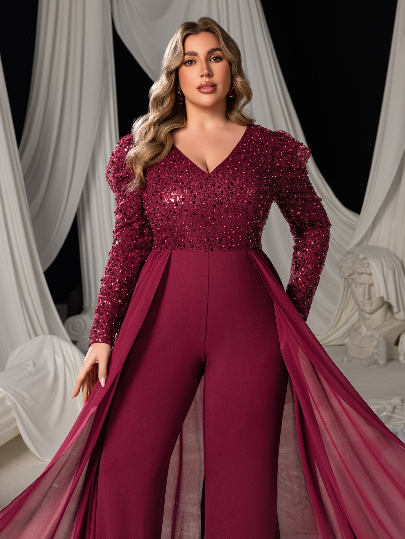 Chiffon overlay detail on plus-size formal jumpsuit