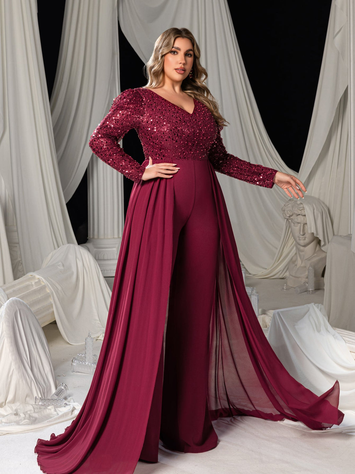 Burgundy sequin and chiffon evening jumpsuit back view